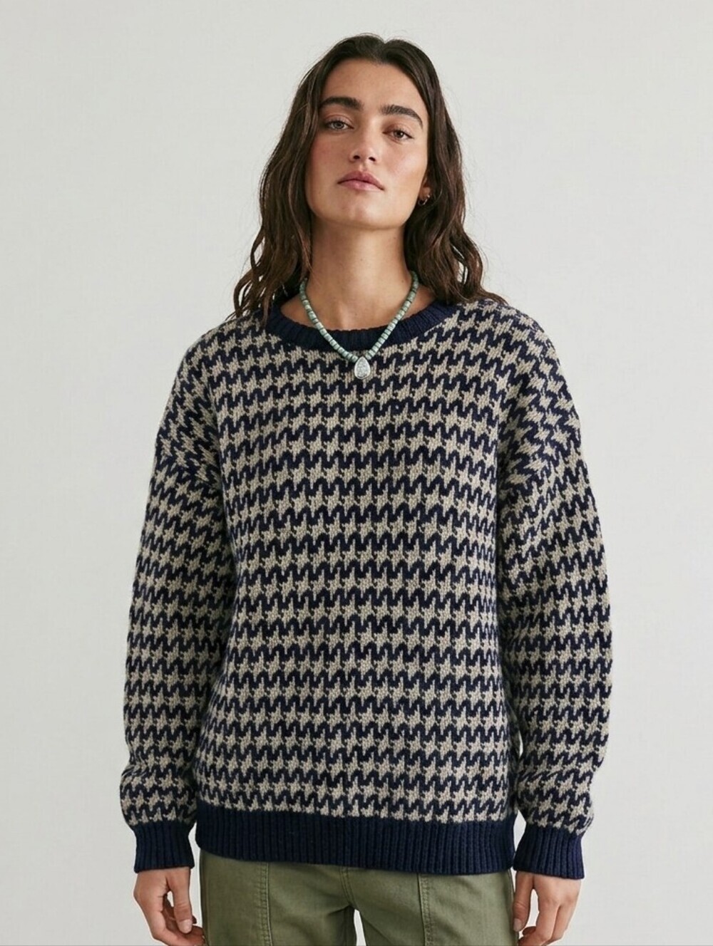 Vintage WM. H. Leishman wool hound tooth sweater graphic knit crew neck Large B3